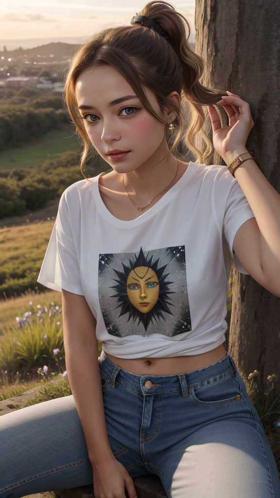 Highest quality, best quality, best shading and lighting, ultra quality, masterpiece, beautiful, 1girl, sunset on a lush hill besides a pine tree, the girl has a slightly tan white skin, she has very slightly curly blonde hair with warm highlights, the hair is tied back into a ponytail. The girl has slanted eyes, and GREY irises eye colour with both eyes, blurred irises with starlight inside them, she has a slightly annoyed expression as she sits on the hill. She is a age girl, also wearing an orange shirt with a laurel wreath symbol on the shirt with the words “Camp Half-Blood” on them. She is wearing a pair of washed-our short jeans, and she is wearing a pair of black vans sneakers. She has a small bronze dagger strapped to her waist.