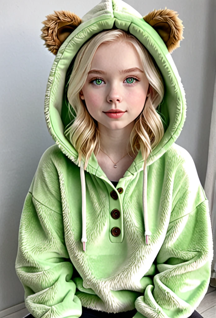girl wearing a bear plush hoodie with button eyes girl has pale skin green eyes and blond hair, (realistic ultra details),