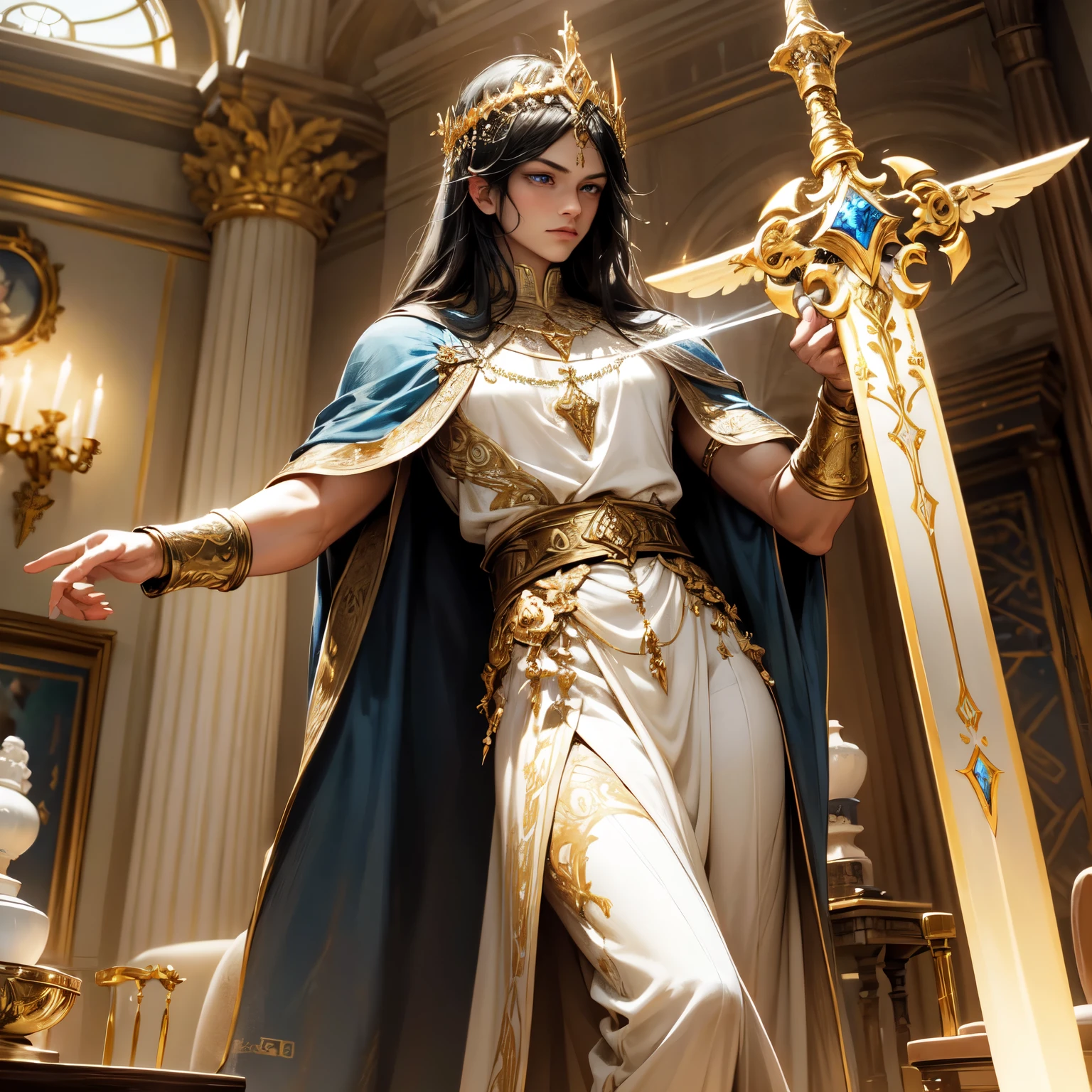 Create an 8K ultra HD digital image of a majestic giant, muscular, black-haired Aasimar, long and smooth, in the castle common room. The Aasimar has blue eyes and fair skin. He is dressed in royal attire, including a dark blue velvet cloak with gold and silver accents, Adorned with magical jewels that glow softly. He wears a golden crown with precious stones, gold bracelets on her wrists and a magical amulet around her neck. In the common room, the Aasimar wields the Sword of Zeus. The sword is made of celestial gold and emits golden rays, with divine inscriptions along the blade that shine brightly. The hilt of the sword is adorned with small rays and lightning., symbolizing his supreme power. He holds the sword in a relaxed pose, ready to protect your loved ones, while electric sparks dance around you. The Sword of Zeus is known for its ability to control thunder and lightning, and an aura of divine power emanates from her. The living room is welcoming, with marble fireplaces, soft velvet sofas and delicately carved tea tables. Large windows with silk curtains let in soft light, creating an atmosphere of comfort and tranquility. The image should capture the welcoming atmosphere and harmony of the living room, highlighting the Aasimar and its interaction with the Sword of Zeus.