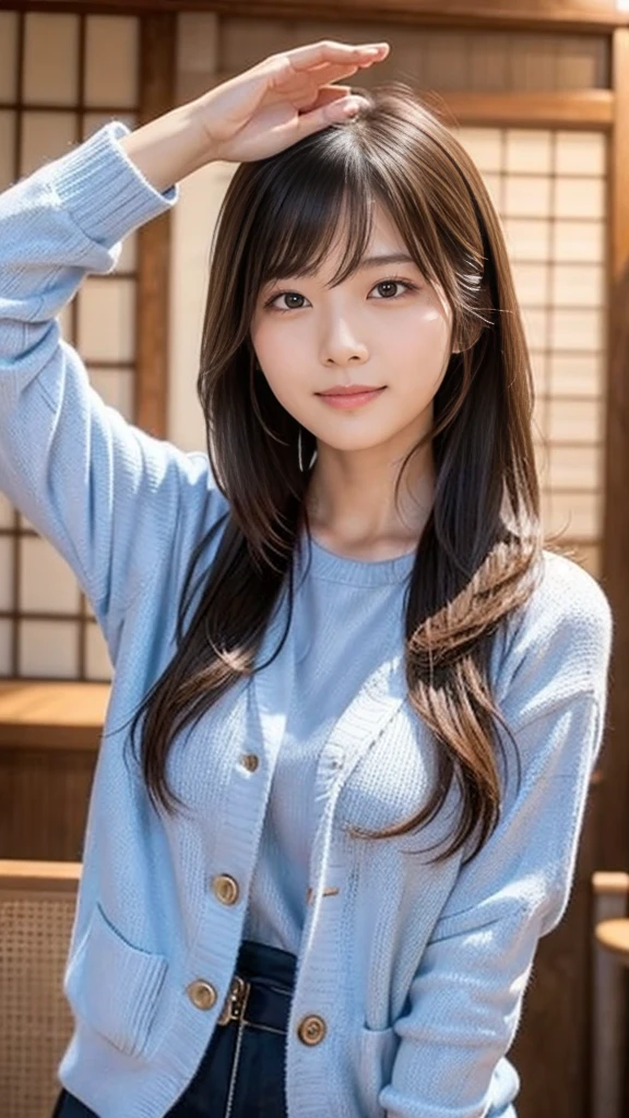 Japanese、woman、1 person、A randomly generated person with diverse facial features hairstyle、Perfect Anatomy,Hold a hair tie、Raise your arms、Hair binding gesture