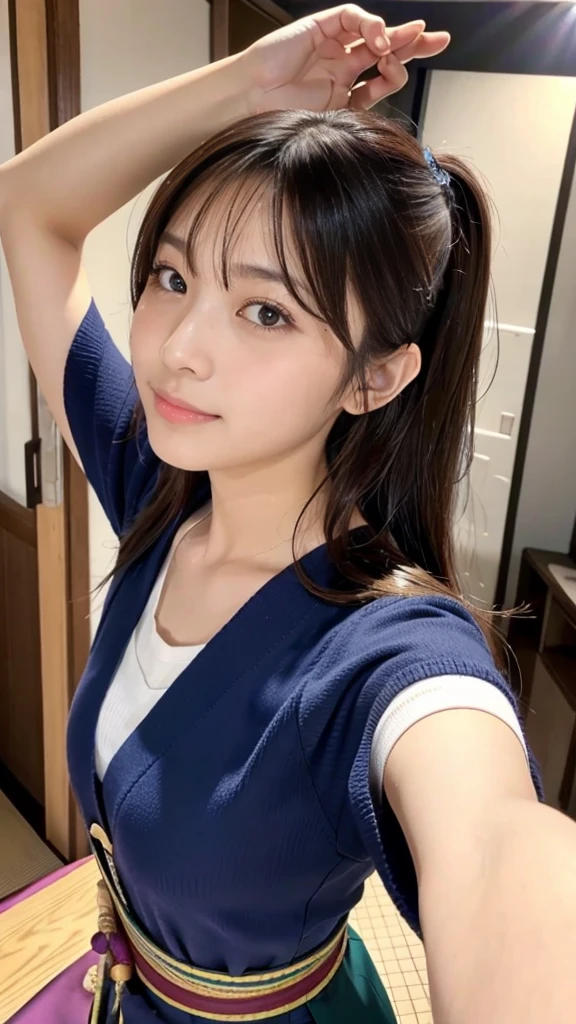 Japanese、woman、1 person、A randomly generated person with diverse facial features hairstyle、Perfect Anatomy,Hold a hair tie、Raise your arms、Hair binding gesture