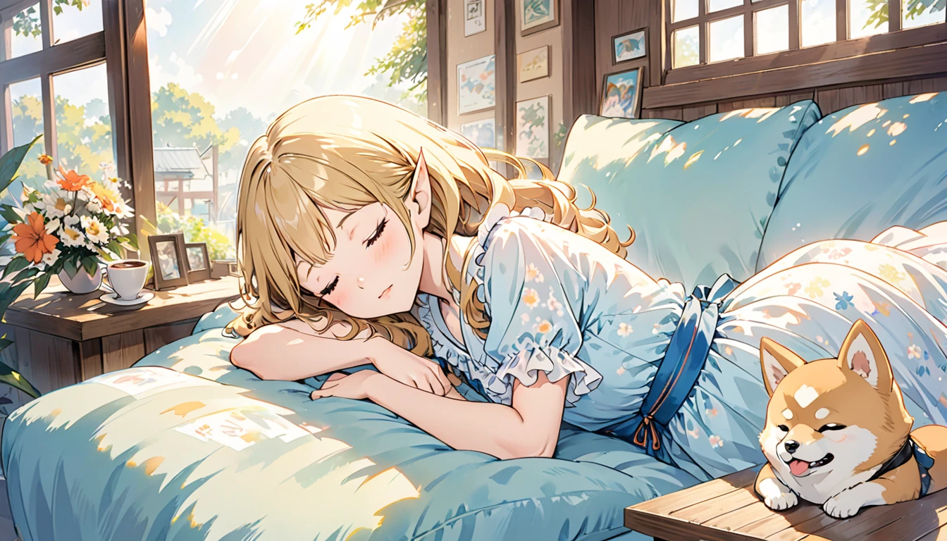 Japanese animation style、Digitally created illustration of an adult elf woman sleeping with her eyes closed on a sofa in a sunny coffee shop、She is wearing a frilly silk dress、Sleeping with her pet Shiba Inu、The Shiba Inu needs to sleep curled up next to her.、Relaxed facial expression、Long, loosely wavy blonde hair、Dappled sunlight coming through the window、The soft morning light shines in、Calm atmosphere、Detailed and clear drawing、Warm and gentle colors、Drawing from a top-down perspective