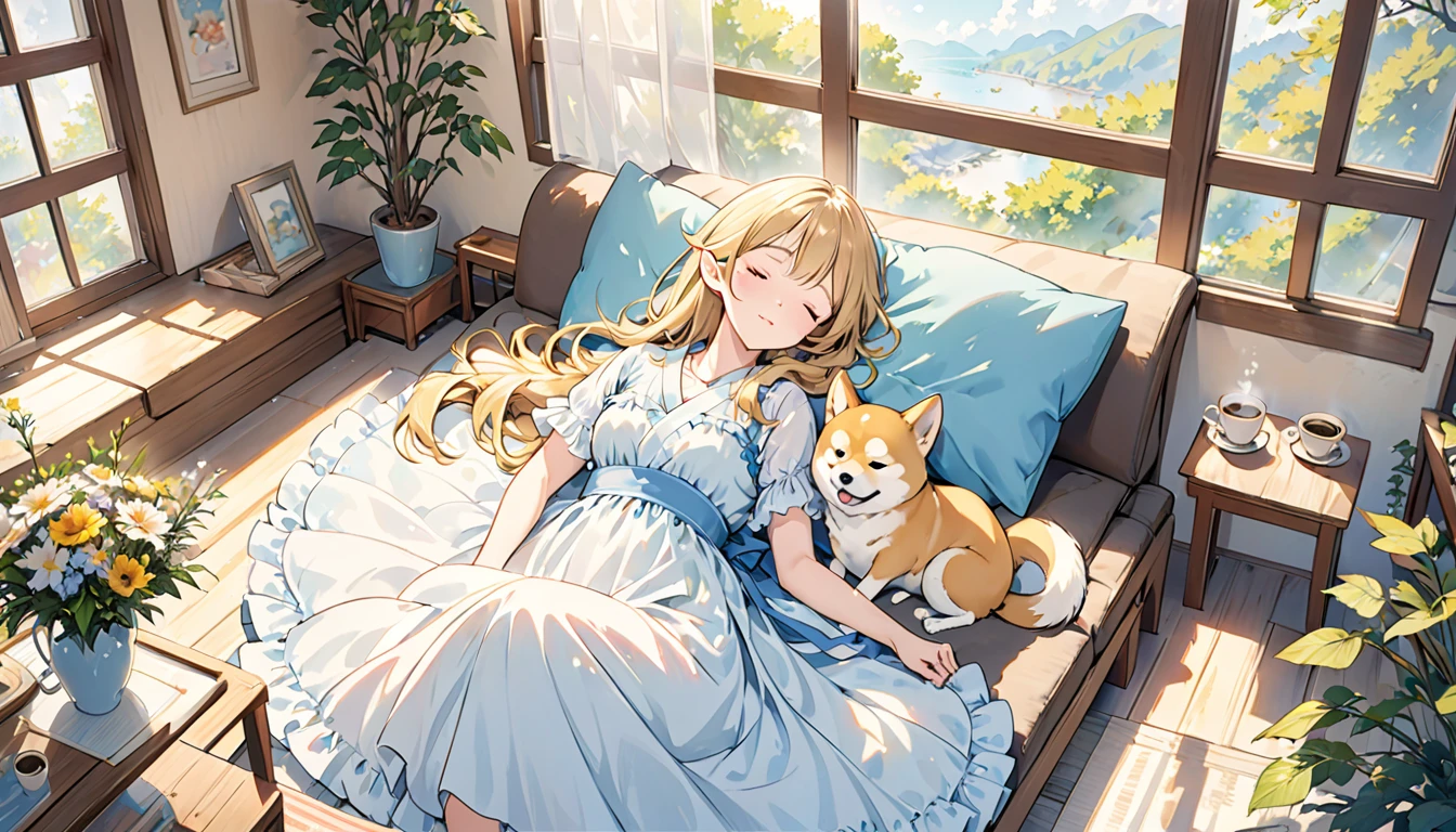 Japanese animation style、Digitally created illustration of an adult elf woman sleeping with her eyes closed on a sofa in a sunny coffee shop、She is wearing a frilly silk dress、Sleeping with her pet Shiba Inu、The Shiba Inu needs to sleep curled up next to her.、Relaxed facial expression、Long, loosely wavy blonde hair、Dappled sunlight coming through the window、The soft morning light shines in、Calm atmosphere、Detailed and clear drawing、Warm and gentle colors、Drawing from a top-down perspective
