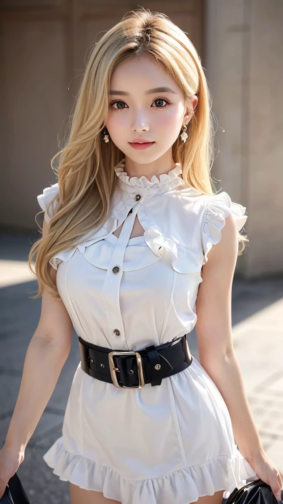 (((Blonde、forehead、White background、シンプルな無地のWhite background、Frills、race、Black clothes、belt)))、Highest quality, White skin, Real human skin, (Detailed face), Oval Face, pores, Ultra-high resolution, (8K, RAW Photos, Realistic:1.4), One girl, slim, (She looks straight at the viewer with a calm, goddess-like happiness.:1.2), (Lifter Gloss, eyelash, Shiny surface, Highest quality, Ultra-high resolution, Wide lighting, Natural Shading), Teacher Fashion, No sleeve, dress, Put your arms behind your back:1.3,  Bokeh, Depth of written boundary, Cowboy Shot:1.3,
