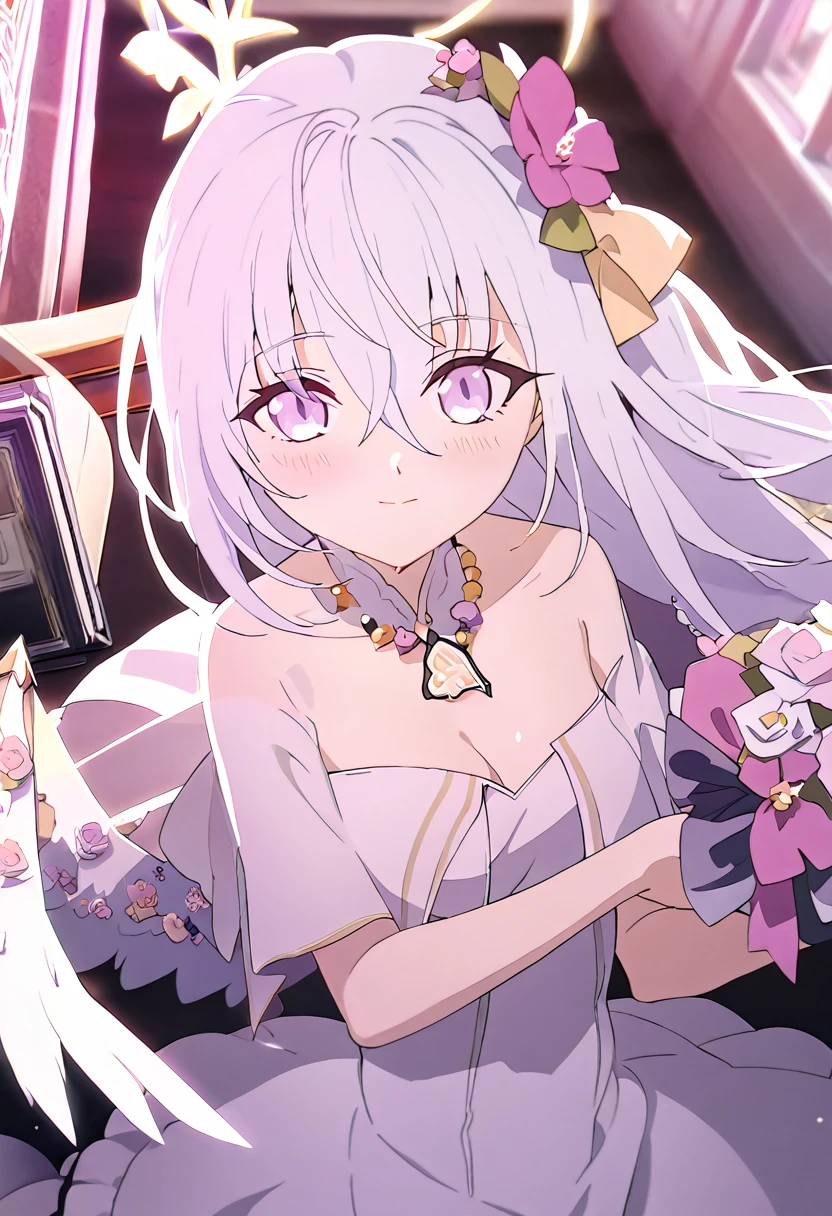 azusa \(blue archive\),1girl 1other alternate_costume angel_wings bare_shoulders blush bouquet breasts bridal_veil bride cleavage closed_mouth collarbone dress feathered_wings flower hair_between_eyes halo holding holding_bouquet jewelry long_hair looking_at_viewer medium_breasts necklace out_of_frame pink_flower pink_rose pov pov_hands purple_eyes rose solo_focus strapless strapless_dress veil very_long_hair wedding_dress white_dress white_flower white_hair white_rose white_wings wings small_breasts smile close_eyes