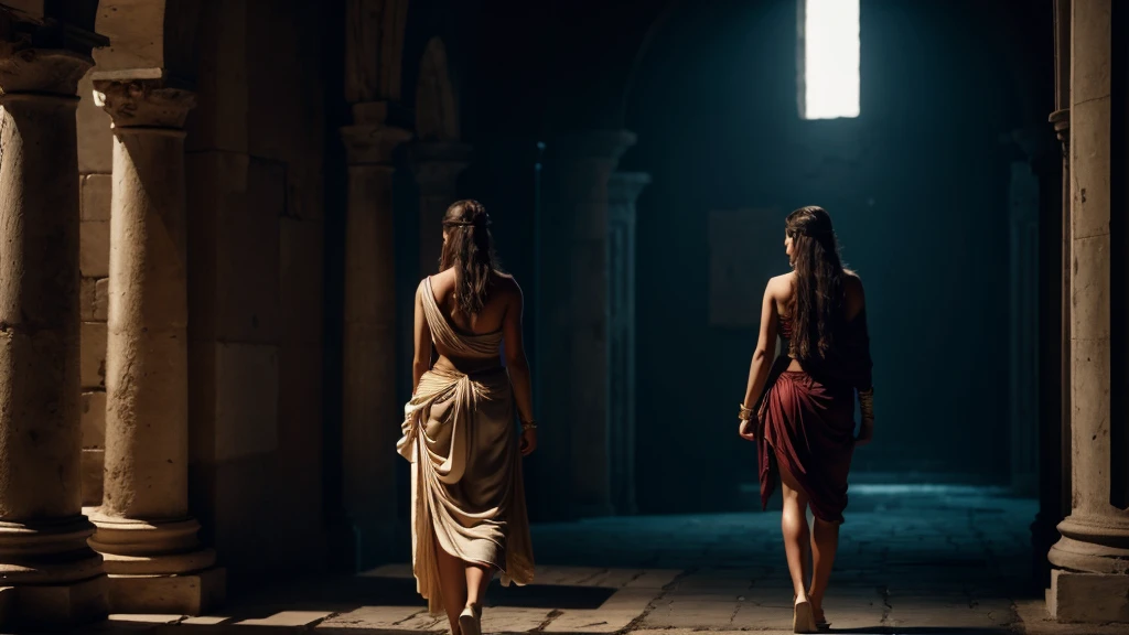 a pretty woman from ancient Greece, confident, walking away from man behind her, dark background, cinematic, ultra realistic