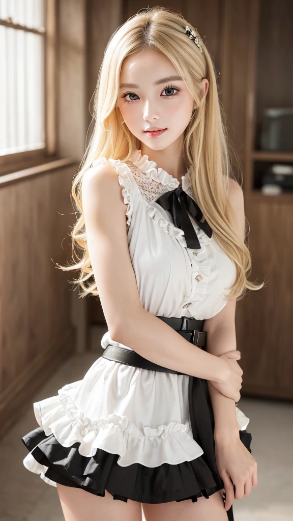 (((Blonde、forehead、White background、シンプルな無地のWhite background、Frills、race、Black clothes、belt)))、Highest quality, White skin, Real human skin, (Detailed face), Oval Face, pores, Ultra-high resolution, (8K, RAW Photos, Realistic:1.4), One girl, slim, (She looks straight at the viewer with a calm, goddess-like happiness.:1.2), (Lifter Gloss, eyelash, Shiny surface, Highest quality, Ultra-high resolution, Wide lighting, Natural Shading), Teacher Fashion, No sleeve, dress, Put your arms behind your back:1.3,  Bokeh, Depth of written boundary, Cowboy Shot:1.3,