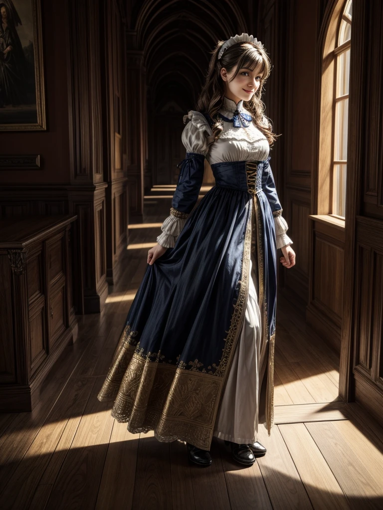 masterpiece, Highly detailed, super realistic, detailed background, bright Lighting, Daylight, beautiful face, beautiful eyes,
 medieval style, 4k, 8k, 1girl, solo, 
(Victorian maid),
(full body:1.5),(dynamic angle),(standing),
(dynamic pose),(happy),
(looking away:1.5),
(smile),