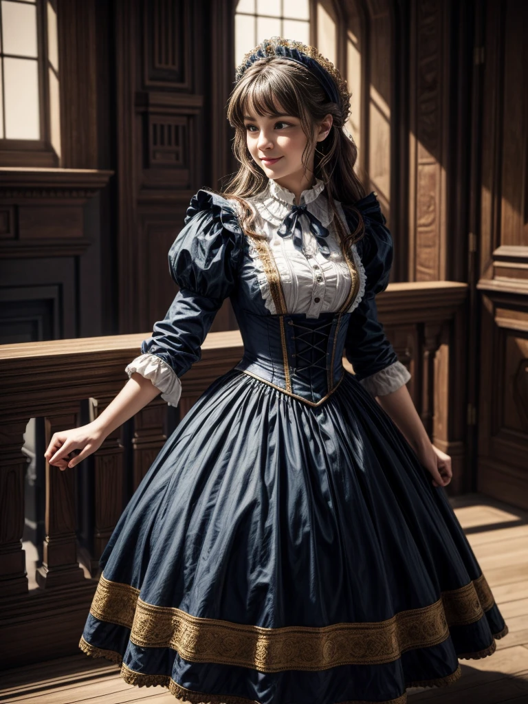 masterpiece, Highly detailed, super realistic, detailed background, bright Lighting, Daylight, beautiful face, beautiful eyes,
medieval style, 4k, 8k, 1girl, solo,
(Victorian maid),
(full body:1.5),(dynamic angle),(standing),
(dynamic pose),(happy),
(looking away:1.5),
(smile),