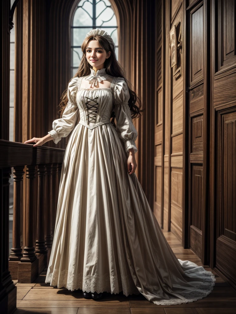 masterpiece, Highly detailed, super realistic, detailed background, bright Lighting, Daylight, beautiful face, beautiful eyes,
medieval style, 4k, 8k, 1girl, solo,
(Victorian maid),
(full body:1.5),(dynamic angle),(standing),
(dynamic pose),(happy),
(looking away:1.5),
(smile),