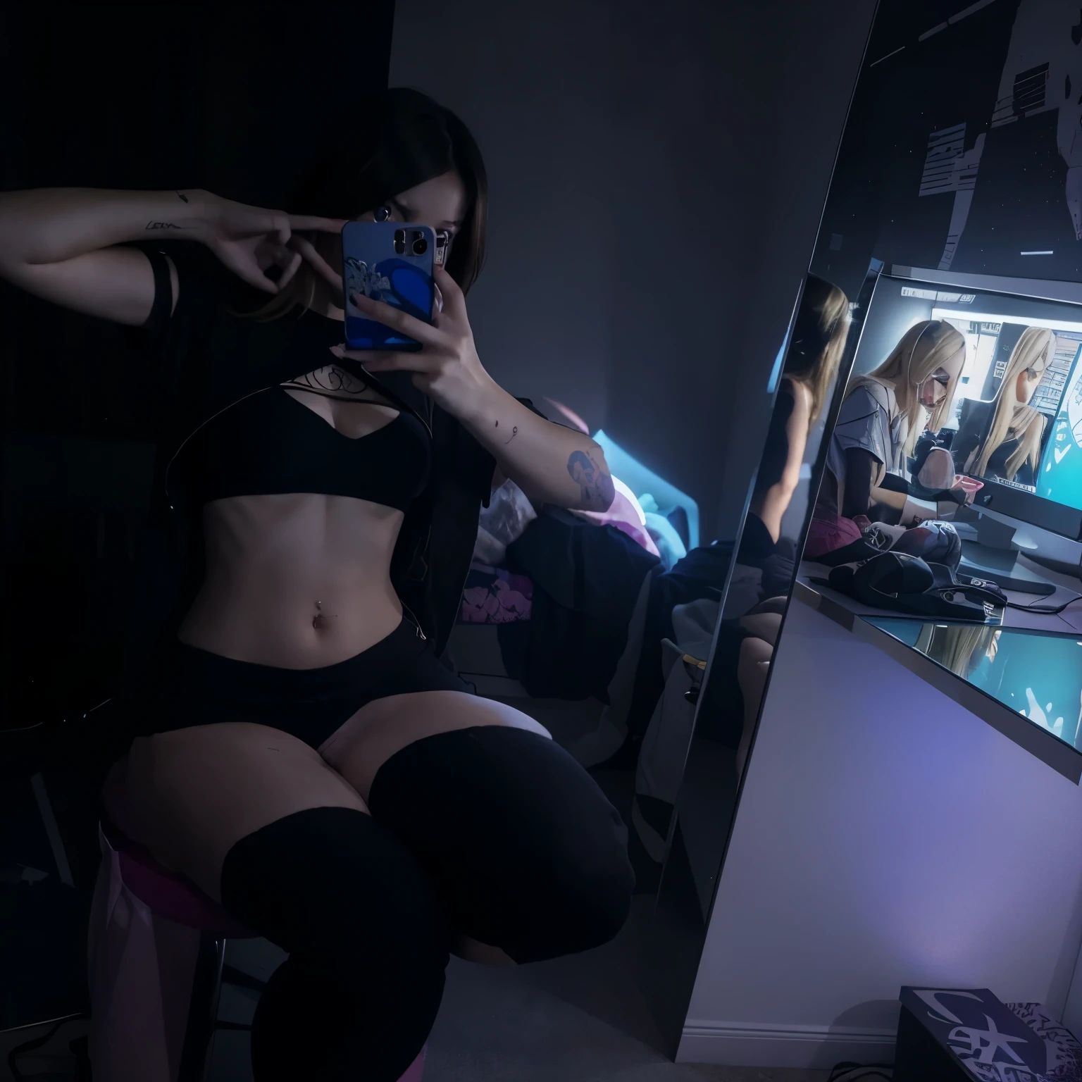 there is a woman taking a photo in a mirror, pose sexy, thin girl photo, attractive style, 2 4 year old female model, e - girl, e-chica, anime vibes, gamer aesthetic, Full Body Xianxia, her navel is exposed, profile photo 1024px, taken in 2 0 2 0 with blonde hair blonde blonde