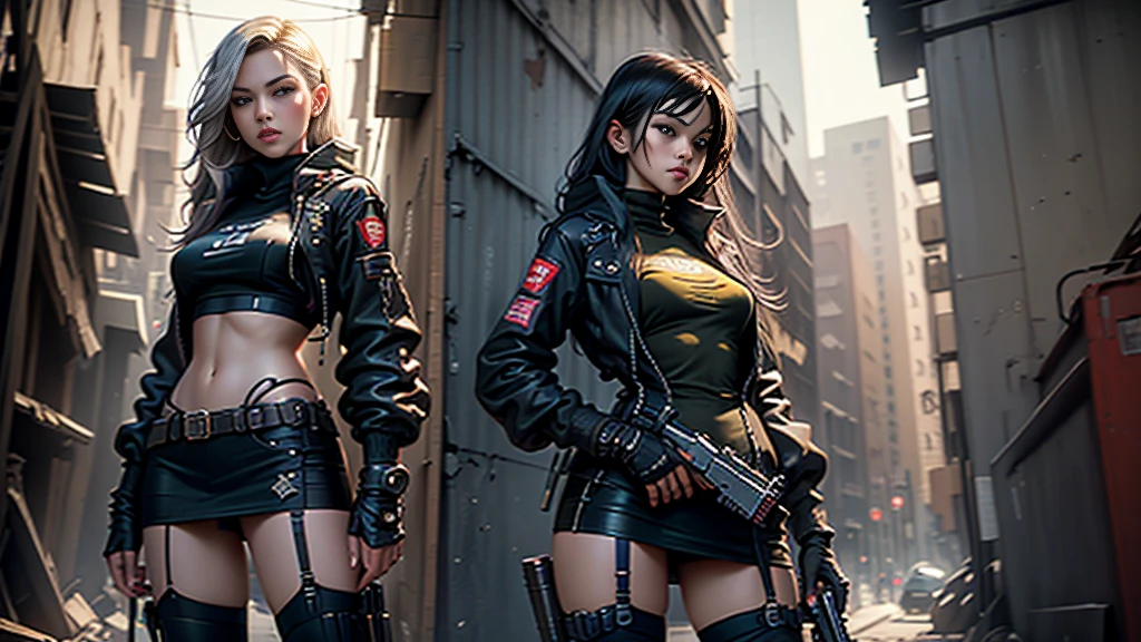 engine unreal:1.4,Ultra-realistic CG K, photorrealistic:1.4, texture skin:1.4, Masterpiece artwork:1.4,posing behind a beautiful woman holding a gun, , assault rifle, rifle kalashnikov, trigger_discipline, pronto com lingerie babydoll、sexy dress,Cyberpunk style yellow short clothes, red pantimedia , blue mini skirt,