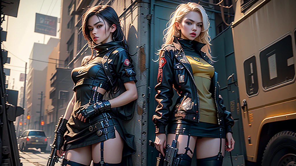 engine unreal:1.4,Ultra-realistic CG K, photorrealistic:1.4, texture skin:1.4, Masterpiece artwork:1.4,posing behind a beautiful woman holding a gun, , assault rifle, rifle kalashnikov, trigger_discipline, pronto com lingerie babydoll、sexy dress,Cyberpunk style yellow short clothes, red pantimedia , blue mini skirt,