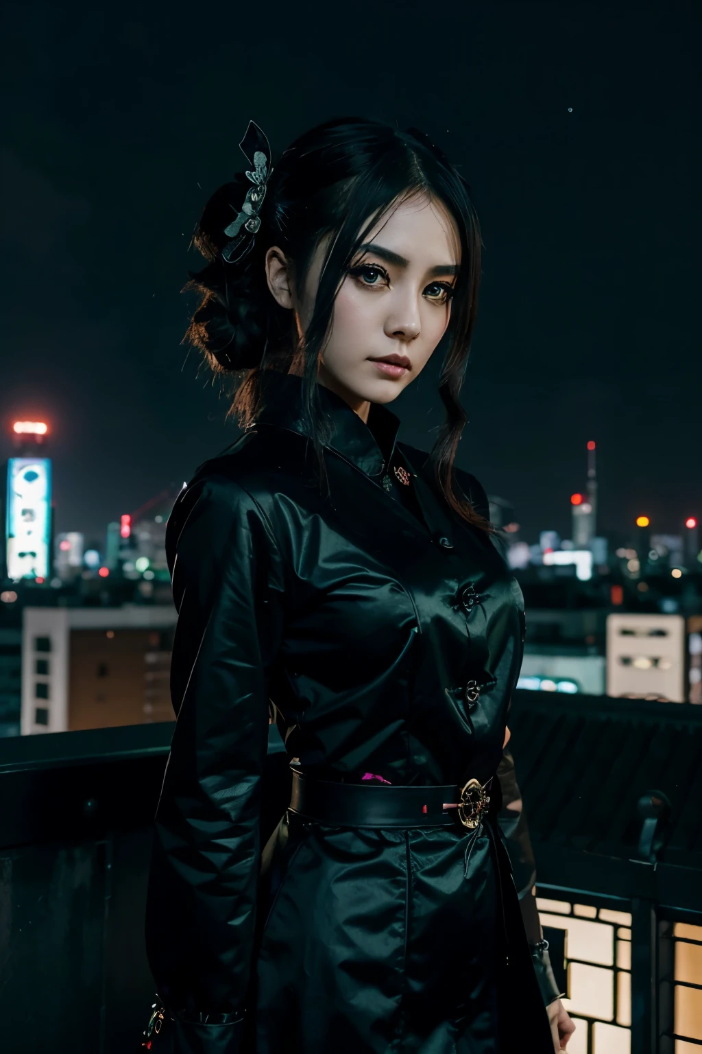 Gothic geisha, anime, cute, beautiful, Tokyo Revengers cityscape in the background, cyber neo, high quality, night, 8k, black hair and green eyes
