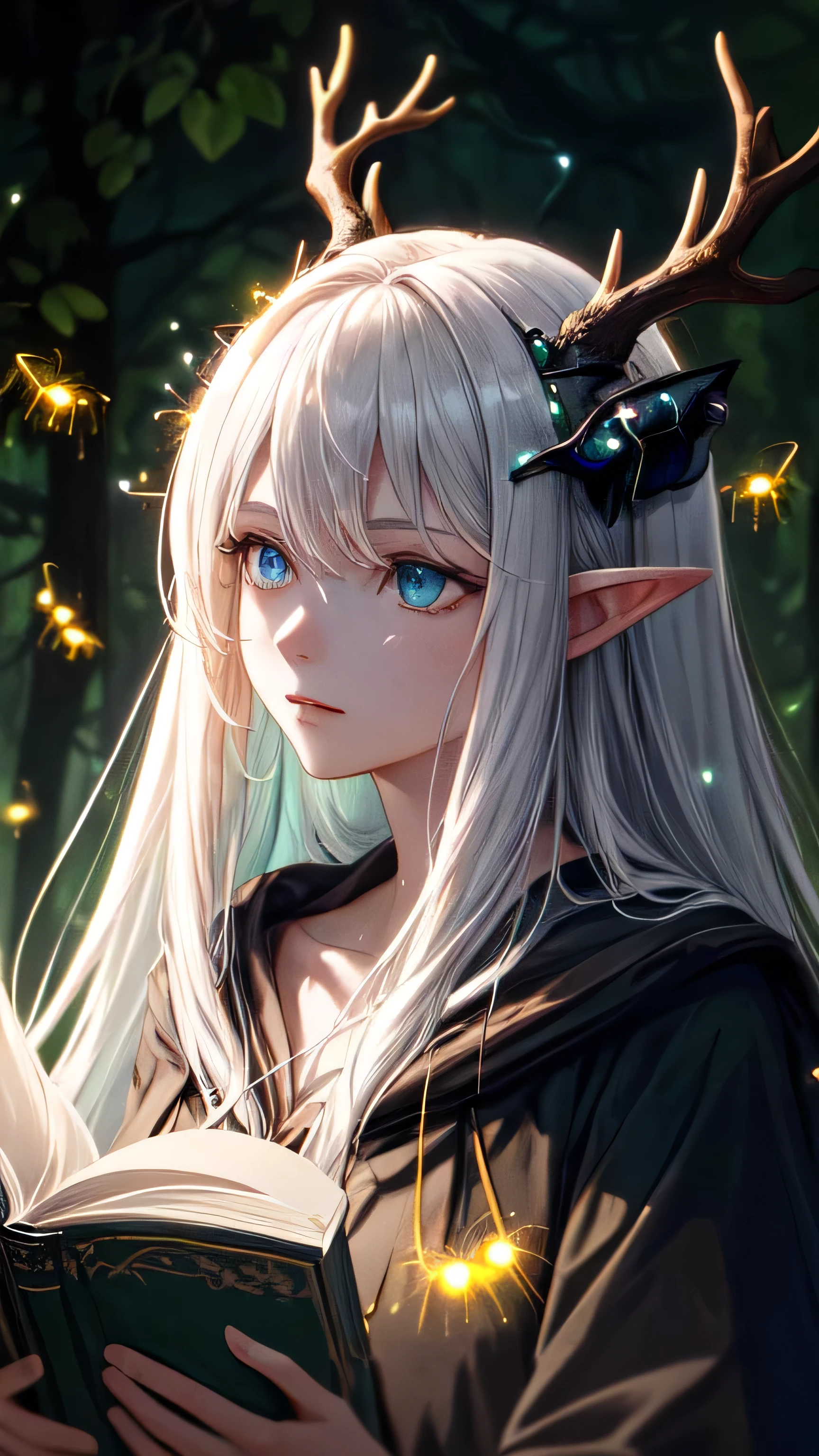 Masterpiece, Best Quality, High Quality, (Long Hair, White Hair), (glowing light blue eyes), (Darkness:1.2), (Fair Skin), (1Lady, Mythical Creatures, Dark Green Robe, Solo, Calm, Deer horns, (dynamic angle), pointy_ears, magic book, Nature, Fantasy, Abstraction, Deep Forest, Dark Forest, Award-winning photography, Depth of field, HDR, Very detailed, Trending in art stations, Trending in CGsociety, Complex, High detail,(Masterpiece:1.2, Best Quality), (Best Lighting, Very Delicate and Beautiful), (Best Lighting, Very Delicate and Beautiful), (Beautiful Detailed Face), (Detailed Eyes and Detailed Face:1.2), Dark Fantasy, (depth of field),high contrast, (darkness night:1.4), (fireflies:1.4), Magnificent Dark Forest