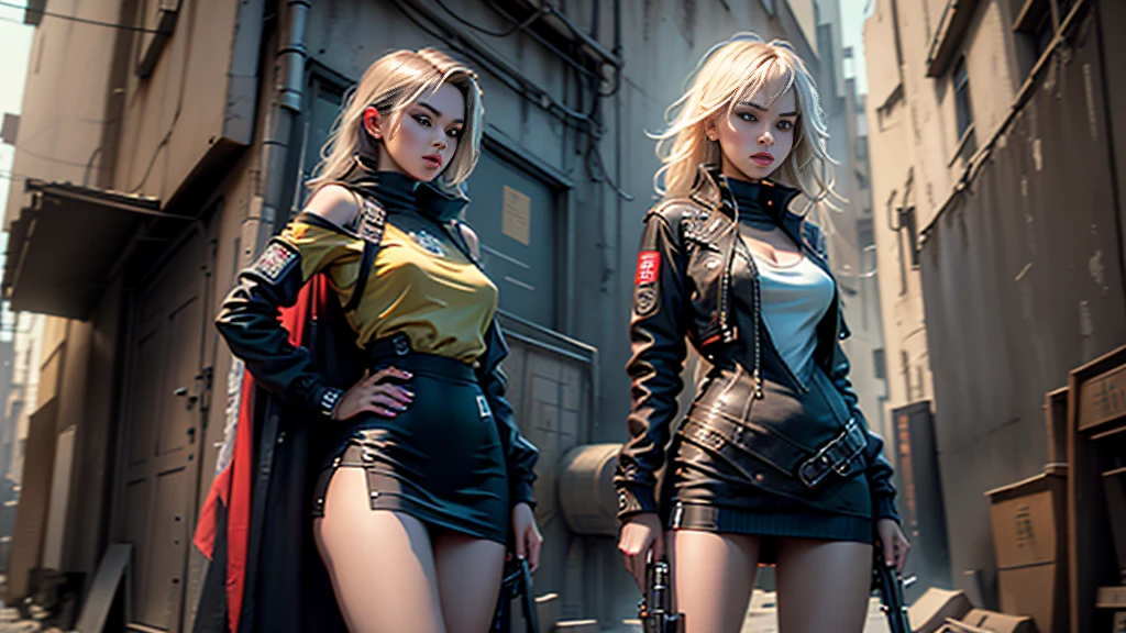 engine unreal:1.4,Ultra-realistic CG K, photorrealistic:1.4, texture skin:1.4, Masterpiece artwork:1.4,posing behind a beautiful woman holding a gun, , assault rifle, rifle kalashnikov, trigger_discipline, pronto com lingerie babydoll、sexy dress,Cyberpunk style yellow short clothes, red pantimedia , blue mini skirt,