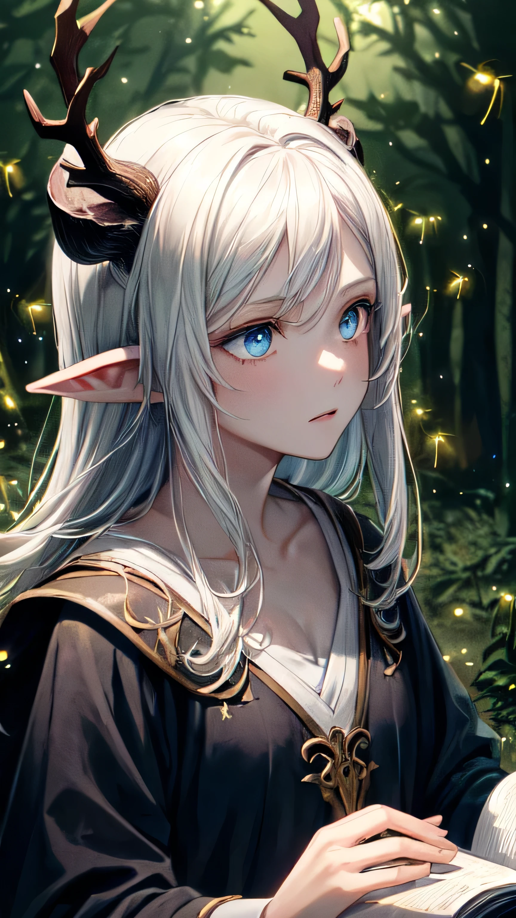 Masterpiece, Best Quality, High Quality, (Long Hair, White Hair), (glowing light blue eyes), (Darkness:1.2), (Fair Skin), (1Lady, Mythical Creatures, Dark Green Robe, Solo, Calm, Deer horns, (dynamic angle), pointy_ears, magic book, Nature, Fantasy, Abstraction, Deep Forest, Dark Forest, Award-winning photography, Depth of field, HDR, Very detailed, Trending in art stations, Trending in CGsociety, Complex, High detail,(Masterpiece:1.2, Best Quality), (Best Lighting, Very Delicate and Beautiful), (Best Lighting, Very Delicate and Beautiful), (Beautiful Detailed Face), (Detailed Eyes and Detailed Face:1.2), Dark Fantasy, (depth of field),high contrast, (darkness night:1.4), (fireflies:1.4), Magnificent Dark Forest