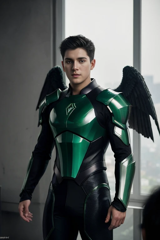 Quarter body photorealistic shots still of young Cody Christian as shirtless Archangel Raphael, wearing chartreuse green armor, with wide big detailed wings, in a high budget film, natural light photo, Canon 85L f2. 8, ISO320, 5000K colour balance, Miki Asai Macro photography, close-up, hyper detailed, trending on artstation, sharp focus, studio photo, intricate details, highly detailed, by greg rutkowski,