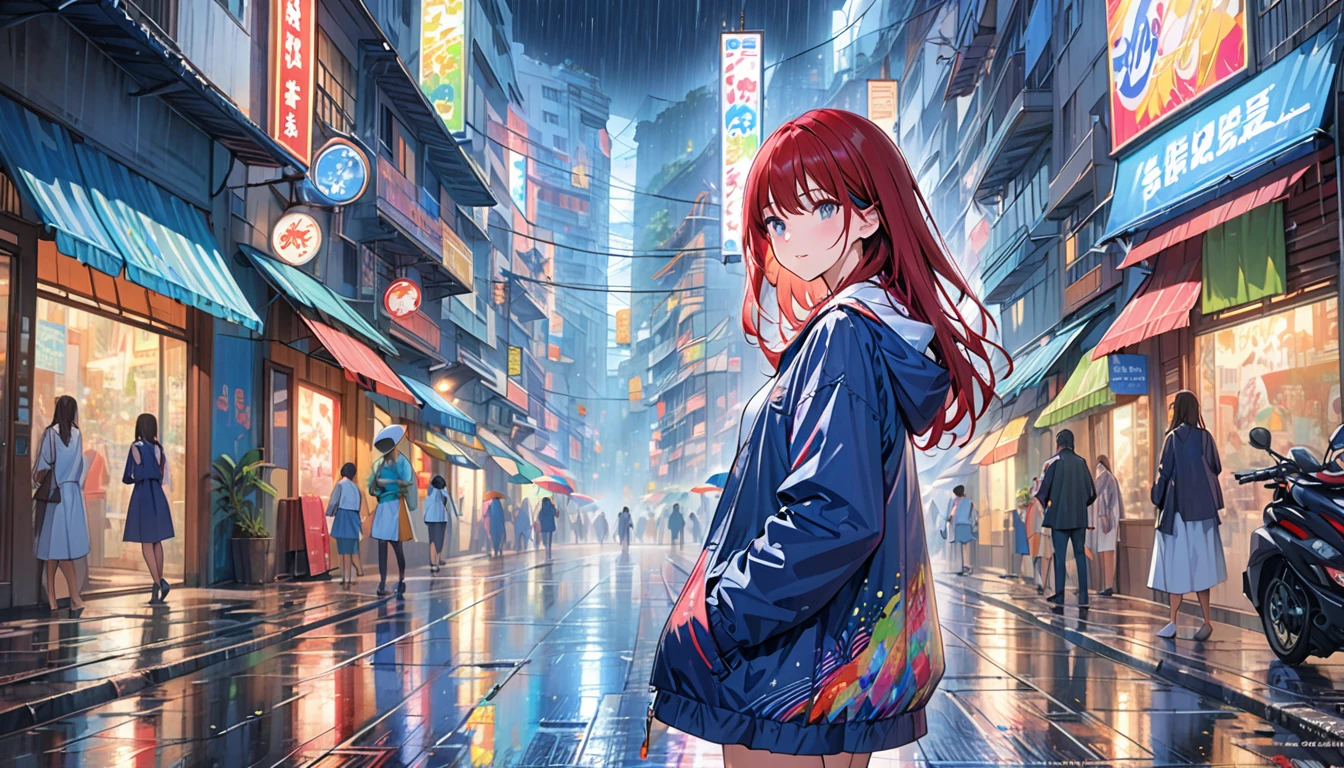(masterpiece, top quality, best quality, official art, beautiful and aesthetic:1.2), girl, alone in the rain with a jacket in a dark Rio de Janeiro city, extreme detailed,highest detailed, optical mixing, playful patterns, lively texture, unique visual effect