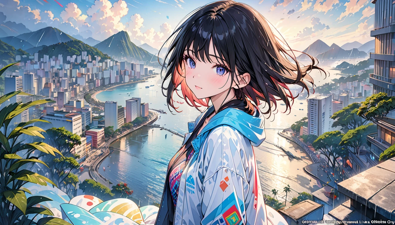 (masterpiece, top quality, best quality, official art, beautiful and aesthetic:1.2), girl, alone in the rain with a jacket in a dark Rio de Janeiro city, extreme detailed,highest detailed, optical mixing, playful patterns, lively texture, unique visual effect