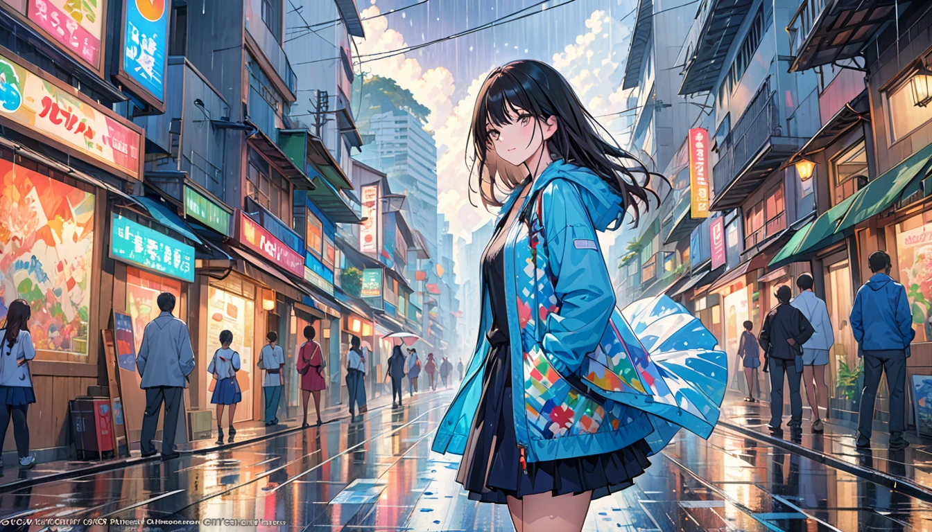 (masterpiece, top quality, best quality, official art, beautiful and aesthetic:1.2), girl, alone in the rain with a jacket in a dark Rio de Janeiro city, extreme detailed,highest detailed, optical mixing, playful patterns, lively texture, unique visual effect