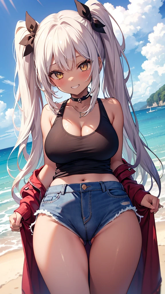 (8K、Highest quality、Highest quality、masterpiece)、Detailed face、One Girl、(Brown Skin:1.2)、White Long Hair、Yellow Eyes、Grin、(Black tank top、Denim hot shorts、Mini Shorts、Pussy Peek、frontal wedgie、wedgie、Spread vagina under shorts)、labia view、Beach、cloud、vagina、Spread Vagina、spread pussy、Big Breasts、20 year old girl、girl in her 20s