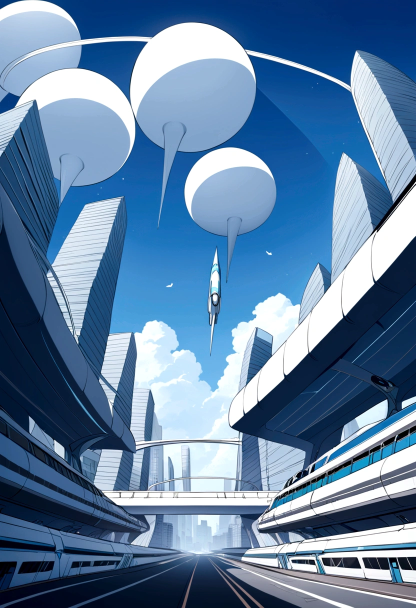 ((painting-like)), ((cartoon)), (futuristic). Faça uma pintura em cartoon futiristica com paisagem de uma cidade grande atual porém com carros tecnológicos voando e futuristicos, in a setting with blue sky and horizontal view of the city encompassed with futurism and tracks suspended from it with a futiristic bullet train suspended from it. WITH A LOT OF FUTURISM AND SURREALISTIC