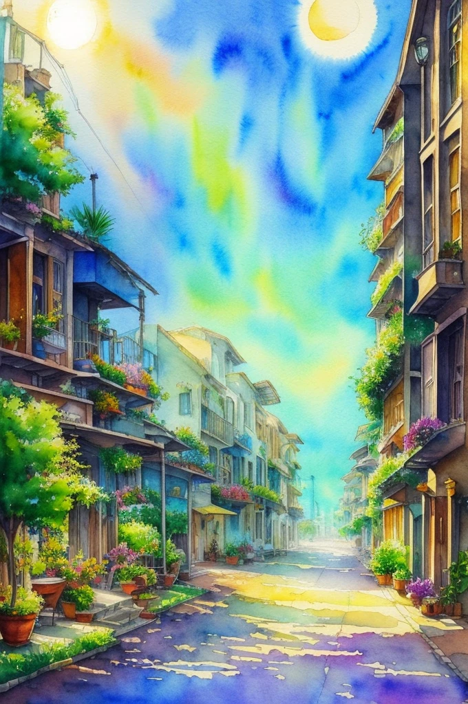 Solarpunk watercolor painting