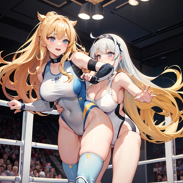 (masterpiece image, very detailed image, best high quality high definition image High very detailed Quality image, Very detailed high quality image), solo character, female wrestling,
1girl, absolute beauty, 28 years old, fair pale skin, light blue eyes, cute delicated beauty features, long blonde golden hair tied in two pigtails with pink ribbons and blonde golden hair curly fringe near the nose, , round butt, beaut legs, (light pale blue one piece leotard with a white stripe line in the belly, grey spandex shorts under the leotard, grey knee pads, light pale blue wrestling boots, light pale blue arms sleeves, grey elbow pads, ), cheerful friendly smiling, cocky attitude,p femenine strong voice
Dirty gym and wrestling ring