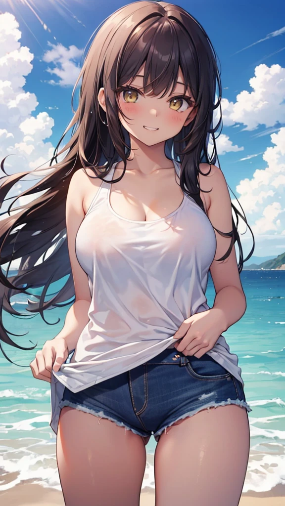 (8K、Highest quality、Highest quality、masterpiece)、Detailed face、One Girl、(Brown Skin:1.2)、White Long Hair、Yellow Eyes、Grin、(Black tank top、Denim hot shorts、Mini Shorts、Pussy Peek、frontal wedgie、wedgie、Spread vagina under shorts)、labia view、Beach、cloud、vagina、Spread Vagina、spread pussy、Big Breasts、20 year old girl、girl in her 20s