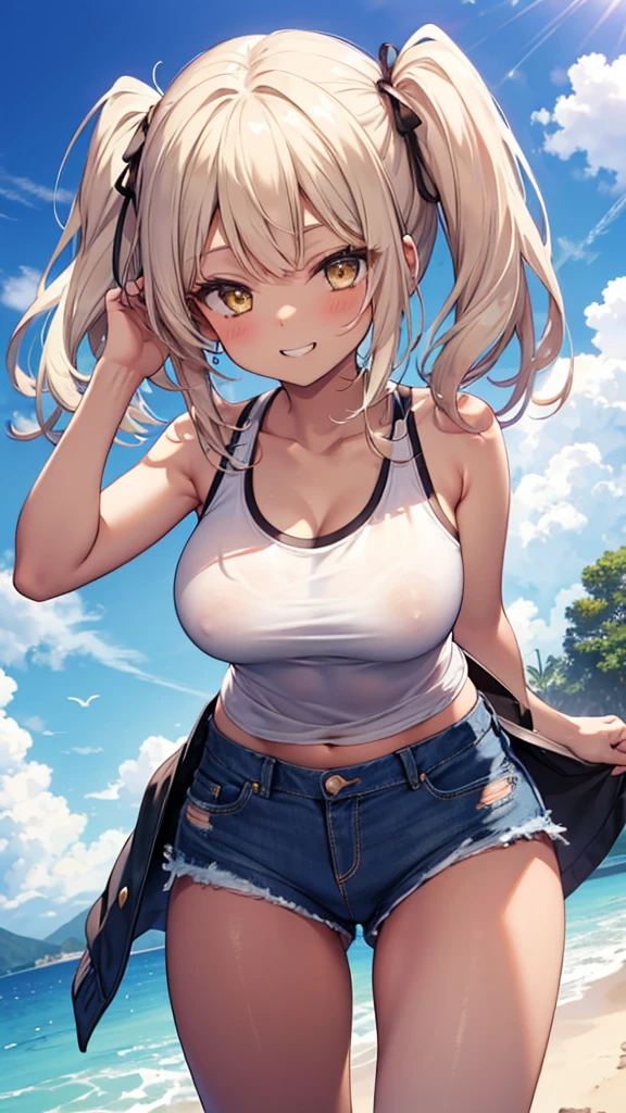 (8K、Highest quality、Highest quality、masterpiece)、Detailed face、One Girl、(Brown Skin:1.2)、White Long Hair、Yellow Eyes、Grin、(Black tank top、Denim hot shorts、Mini Shorts、Pussy Peek、frontal wedgie、wedgie、Spread vagina under shorts)、labia view、Beach、cloud、vagina、Spread Vagina、spread pussy、Big Breasts、20 year old girl、girl in her 20s