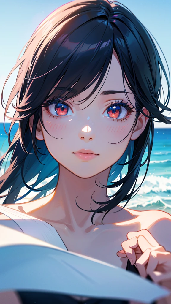 1girl, black hair, (((holding white paper))), (((facing paper towards camera,))) swimsuit, red eyes, ocean, blue sky, light reflecting on ocean, beautiful, (best quality,4k,8k,highres,masterpiece:1.2),ultra-detailed,(realistic,photorealistic,photo-realistic:1.37),anime style,vibrant colors,dramatic lighting,detailed facial features,long eyelashes,detailed skin,detailed clothing