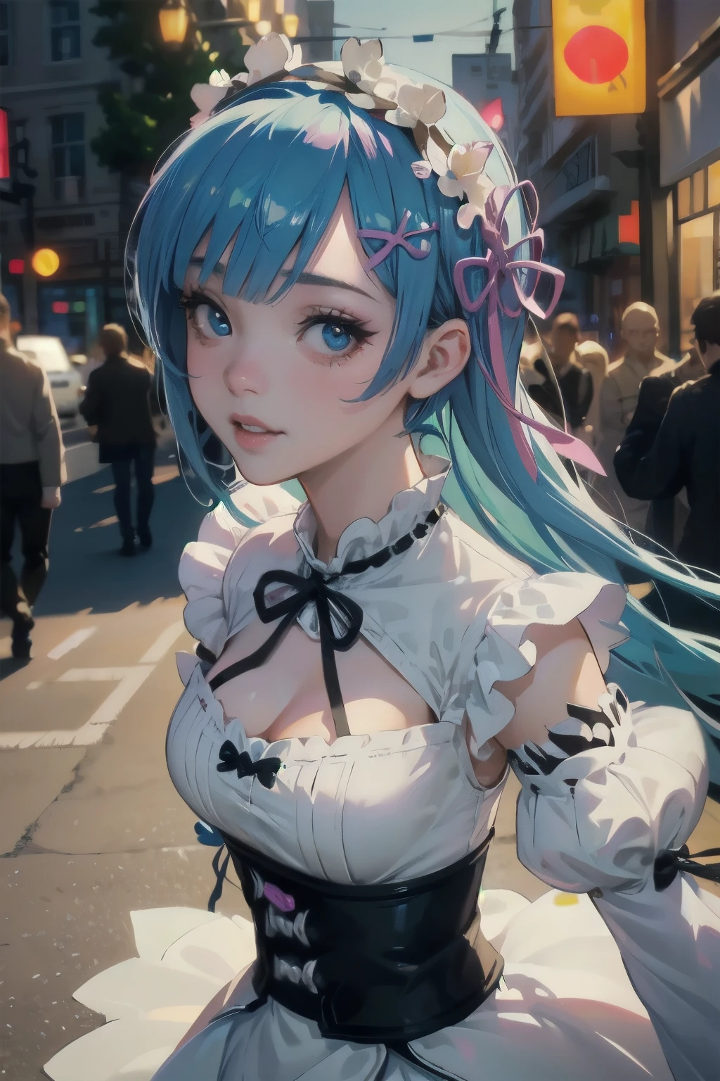 beautiful detailed eyes, beautiful detailed lips, extremely detailed eyes and face, long eyelashes, 1girl, chibi, kawaii, cute, , photo-realistic, hyperrealistic, street fashion, cosplay, rem from re:zero, full body, smiling, fantasy, fantasy art, digital painting, cinematic lighting, dramatic lighting, vibrant colors, highly detailed, sharp focus, volumetric lighting, photorealistic, 8k, best quality, masterpiece