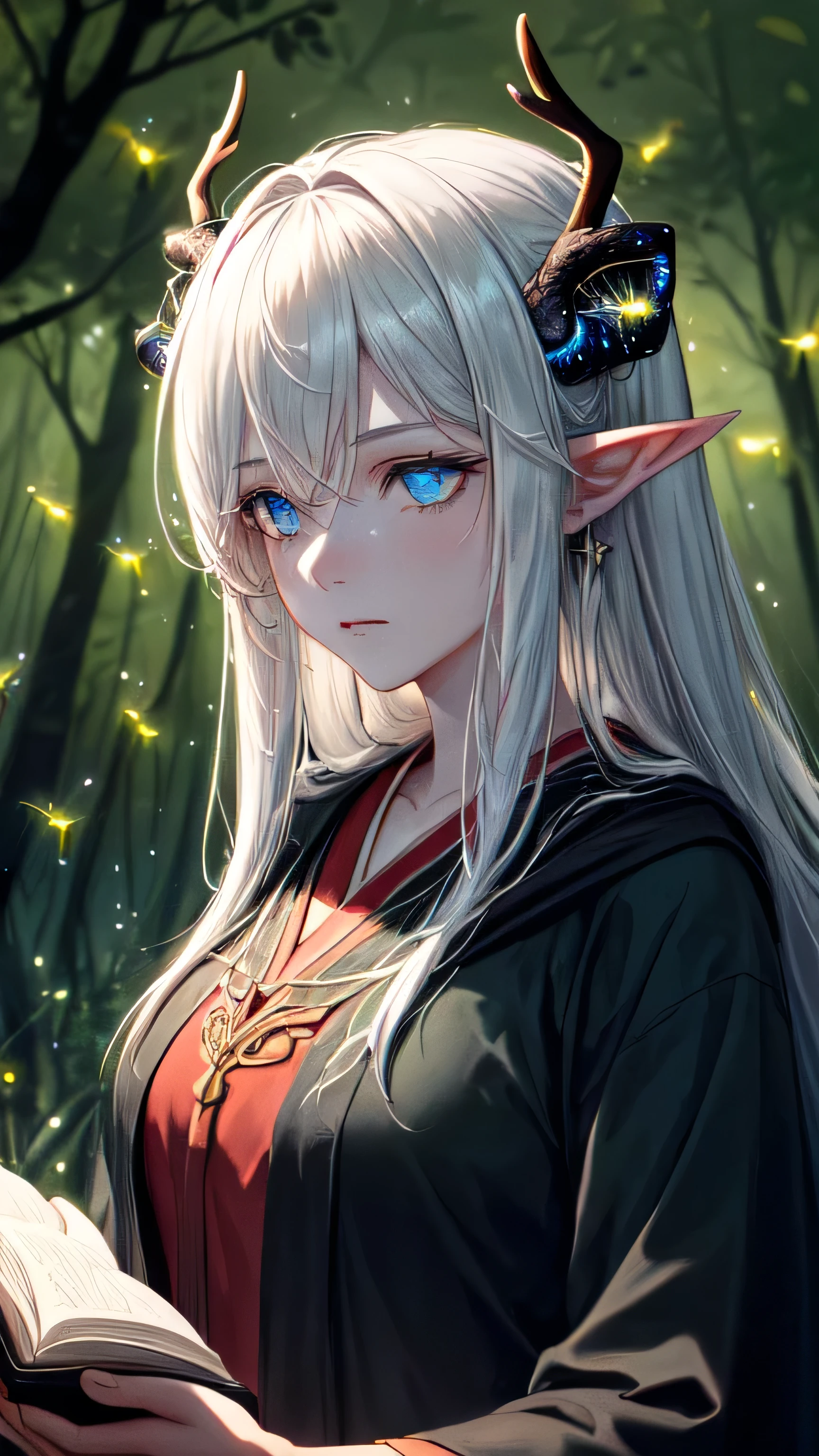 Masterpiece, Best Quality, High Quality, (Long Hair, White Hair), (glowing light blue eyes), (Darkness:1.2), (Fair Skin), (1Lady, Mythical Creatures, Dark Green Robe, Solo, Calm, Deer horns, (dynamic angle), pointy_ears, magic book, Nature, Fantasy, Abstraction, Deep Forest, Dark Forest, Award-winning photography, Depth of field, HDR, Very detailed, Trending in art stations, Trending in CGsociety, Complex, High detail,(Masterpiece:1.2, Best Quality), (Best Lighting, Very Delicate and Beautiful), (Best Lighting, Very Delicate and Beautiful), (Beautiful Detailed Face), (Detailed Eyes and Detailed Face:1.2), Dark Fantasy, (depth of field),high contrast, (darkness night:1.4), (fireflies:1.4), Magnificent Dark Forest