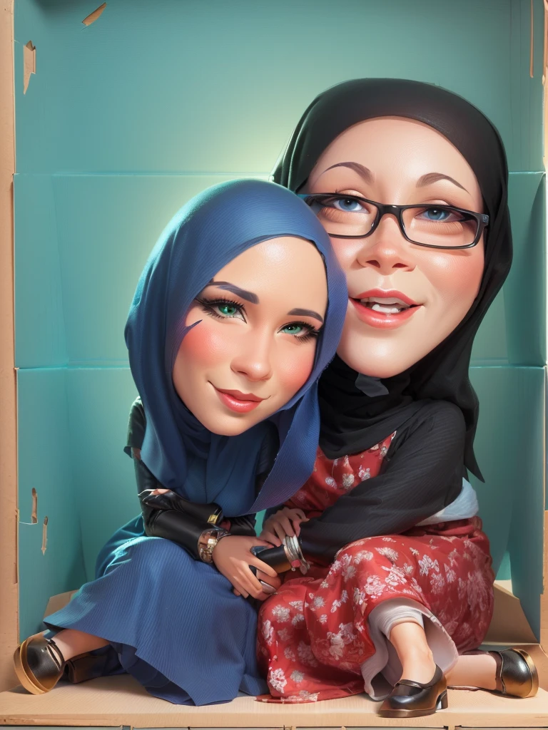 there is a cartoon picture of a woman and a  in a box, Wearing a hijab and long Muslim dress, caricature illustration, digital art cartoon, cartoon portrait, cartoon digital art, in cartoon style, cartoon artstyle, potrait, cartoon art, cartoon digital painting, inspired by JoWOnder, by Abidin Dino, caricature style, caricature, 3 d cartoon, caricature!!!, charicature