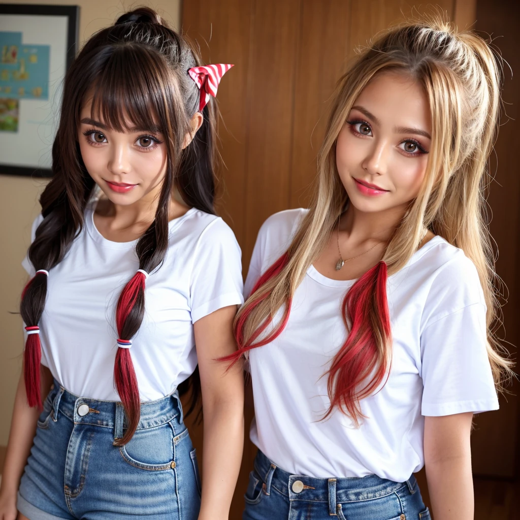 arafed woman in a white shirt and denim shorts posing for a picture, Long Hair, Caitlin Mini Cute Style, Vanessa Morgan, white Trendy clothes, グラフィックT-Shirts, Trendy clothes, T-Shirts!!, asian girl Long Hair, white! Tank top with print, teenage Vanessa Morgan, black red white clothes, With long curly hair, Twin tail hairstyle