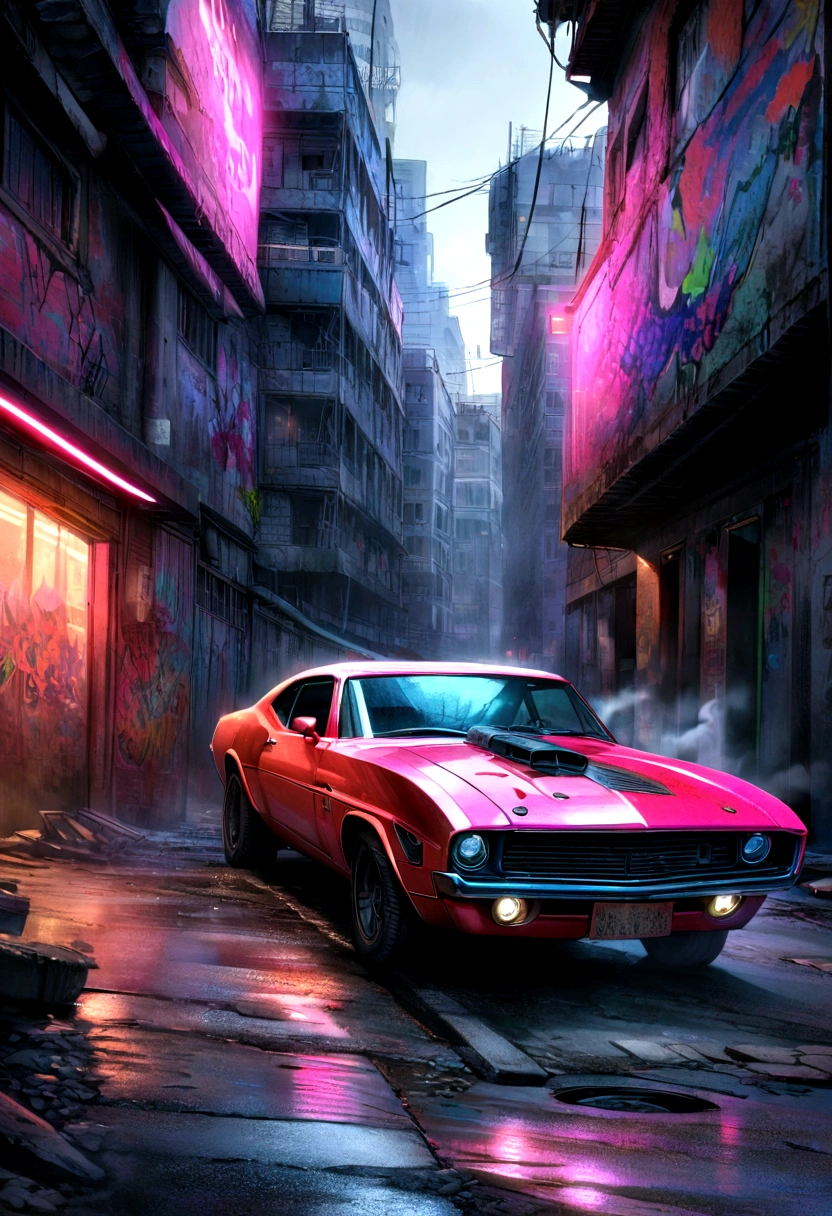colorful muscle car, greyed out dystopian city, blowing colors out of its tailpipe, give color back to the city, illustration, ultra-detailed, realistic, vibrant colors, studio lighting, urban landscape, high-res, HDR, dynamic lighting, smoke, smog, abandoned buildings, graffiti, cyberpunk aesthetics, neon lights, futuristic technology, rain-soaked streets, shadows, reflection, speed, motion blur, intensity, urban decay, steel, concrete, asphalt, darkness, contrast, heat haze, shining surfaces