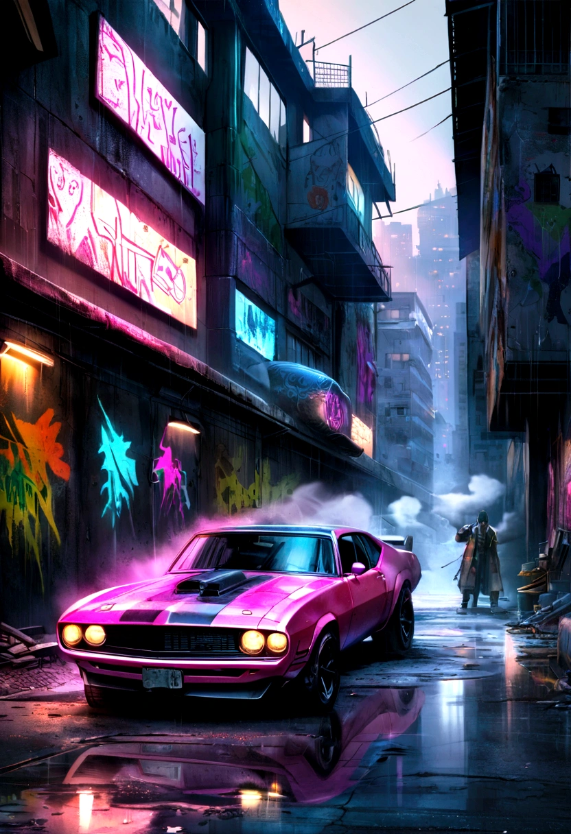 colorful muscle car, greyed out dystopian city, blowing colors out of its tailpipe, give color back to the city, illustration, ultra-detailed, realistic, vibrant colors, studio lighting, urban landscape, high-res, HDR, dynamic lighting, smoke, smog, abandoned buildings, graffiti, cyberpunk aesthetics, neon lights, futuristic technology, rain-soaked streets, shadows, reflection, speed, motion blur, intensity, urban decay, steel, concrete, asphalt, darkness, contrast, heat haze, shining surfaces