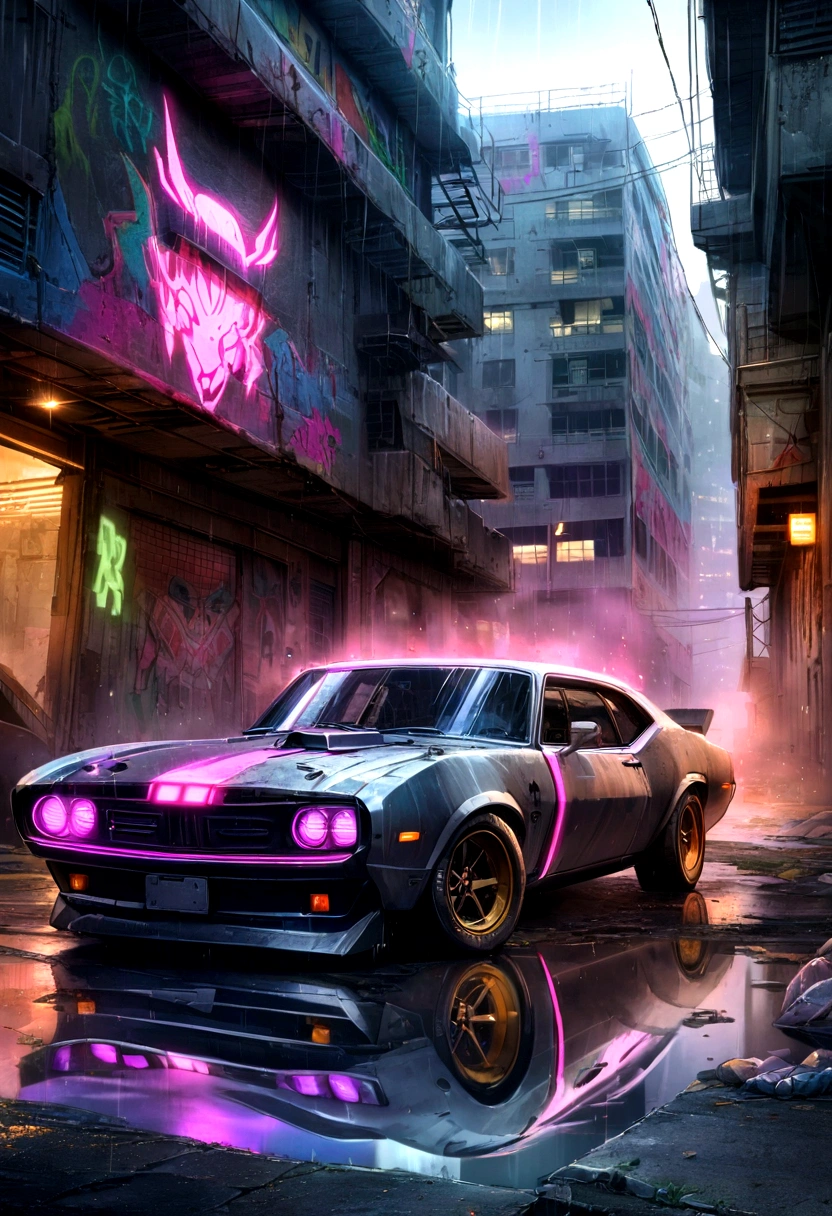 colorful muscle car, greyed out dystopian city, blowing colors out of its tailpipe, give color back to the city, illustration, ultra-detailed, realistic, vibrant colors, studio lighting, urban landscape, high-res, HDR, dynamic lighting, smoke, smog, abandoned buildings, graffiti, cyberpunk aesthetics, neon lights, futuristic technology, rain-soaked streets, shadows, reflection, speed, motion blur, intensity, urban decay, steel, concrete, asphalt, darkness, contrast, heat haze, shining surfaces