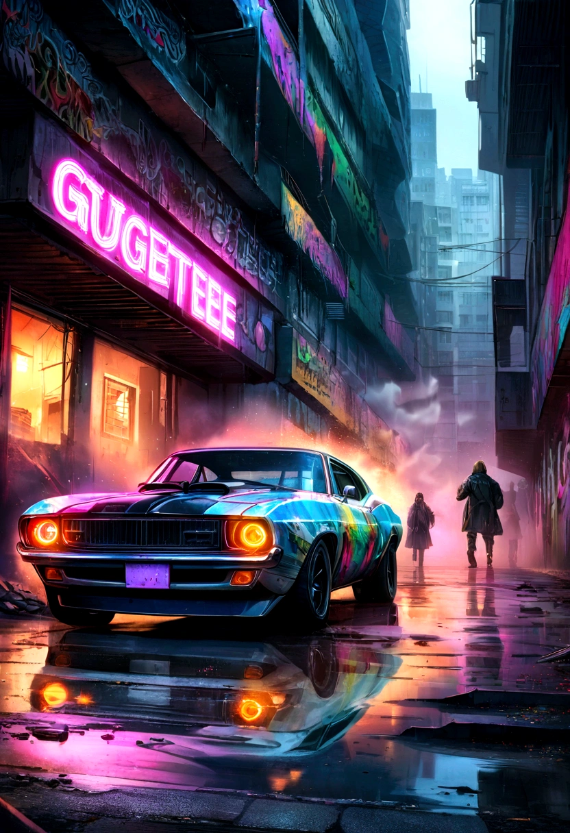 colorful muscle car, greyed out dystopian city, blowing colors out of its tailpipe, give color back to the city, illustration, ultra-detailed, realistic, vibrant colors, studio lighting, urban landscape, high-res, HDR, dynamic lighting, smoke, smog, abandoned buildings, graffiti, cyberpunk aesthetics, neon lights, futuristic technology, rain-soaked streets, shadows, reflection, speed, motion blur, intensity, urban decay, steel, concrete, asphalt, darkness, contrast, heat haze, shining surfaces