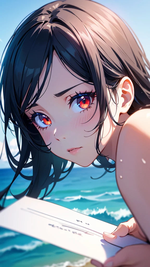 1girl, black hair, (((holding white paper))), (((facing paper towards camera,))) swimsuit, red eyes, ocean, blue sky, light reflecting on ocean, beautiful, (best quality,4k,8k,highres,masterpiece:1.2),ultra-detailed,(realistic,photorealistic,photo-realistic:1.37),anime style,vibrant colors,dramatic lighting,detailed facial features,long eyelashes,detailed skin,detailed clothing