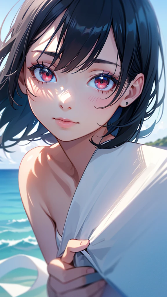 1girl, black hair, (((holding white paper))), (((facing paper towards camera,))) swimsuit, red eyes, ocean, blue sky, light reflecting on ocean, beautiful, (best quality,4k,8k,highres,masterpiece:1.2),ultra-detailed,(realistic,photorealistic,photo-realistic:1.37),anime style,vibrant colors,dramatic lighting,detailed facial features,long eyelashes,detailed skin,detailed clothing