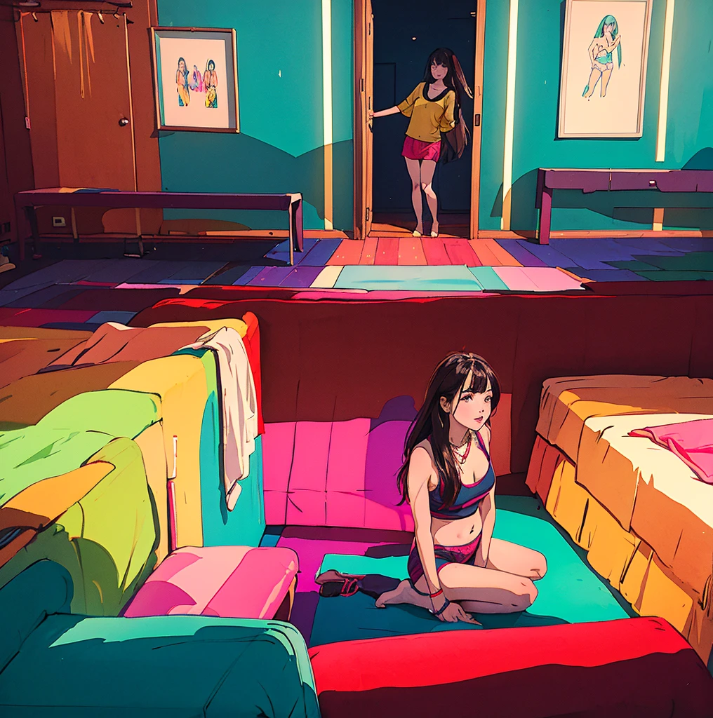 a young girl is in a room with some bright lights and colorful stuff on the walls, girl sitting on the ground, touching her stomach and her breasts, a collection of sketches of several women sitting and standing in front of each other with a woman, two pages show a woman in underwear lying on her bed next to another girl wearing a thongy panties