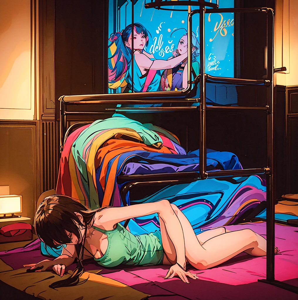 a young girl is in a room with some bright lights and colorful stuff on the walls, girl sitting on the ground, touching her stomach and her breasts, a collection of sketches of several women sitting and standing in front of each other with a woman, two pages show a woman in underwear lying on her bed next to another girl wearing a thongy panties