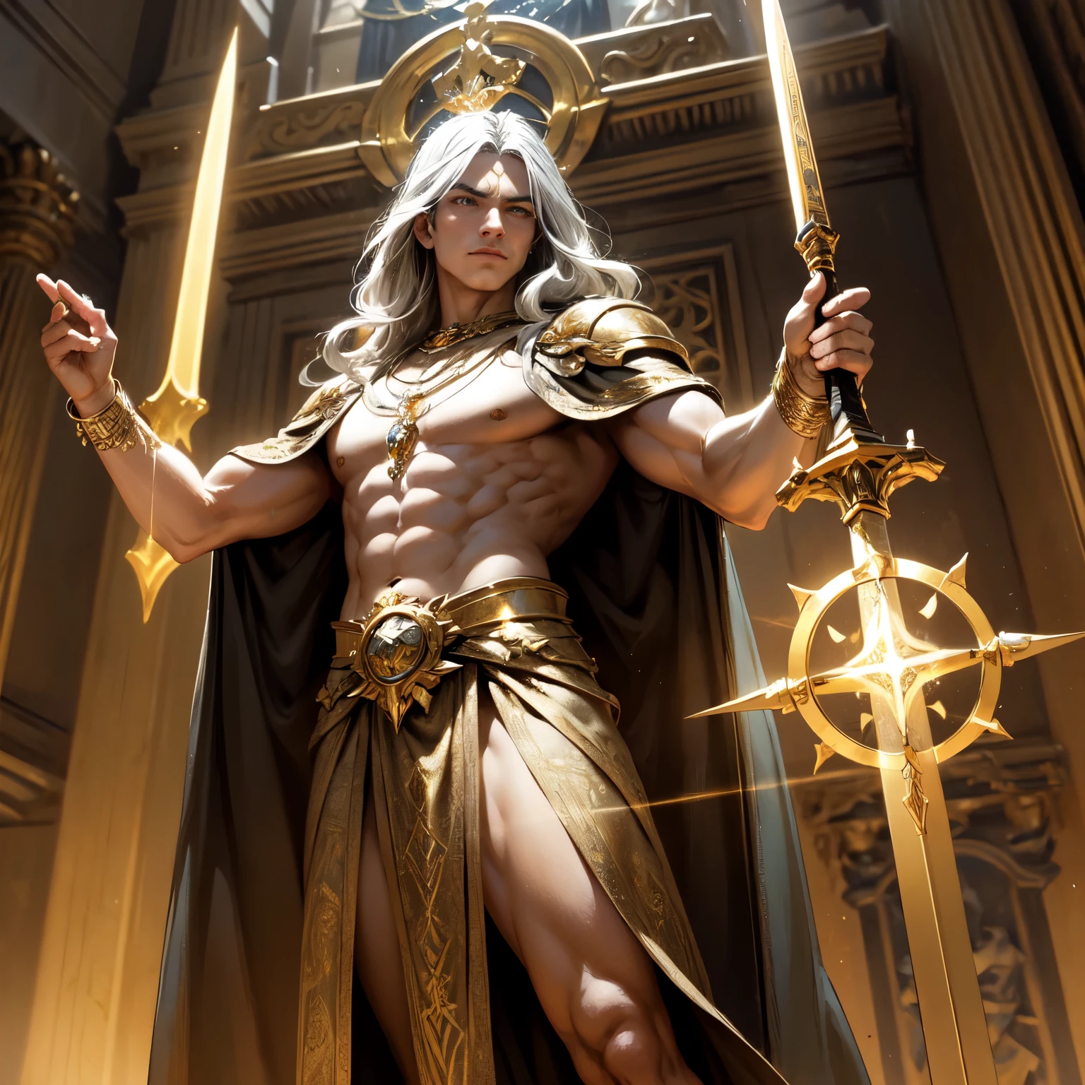 Create an 8K ultra HD digital image of a majestic giant, muscular, black-haired Aasimar, long and shiny, in the secret chamber of the castle. The Aasimar has silver eyes and golden skin. He is dressed in royal attire, including a green velvet cloak with gold and silver details, Adorned with magical jewels that glow softly. He wears a golden crown with precious stones, gold bracelets on her wrists and a magical amulet around her neck. In the secret chamber, the Aasimar wields the Sword of Zeus. The sword is made of celestial gold and emits golden rays, with divine inscriptions along the blade that shine brightly. The hilt of the sword is adorned with small rays and lightning., symbolizing his supreme power. He holds the sword in a pose of discovery, ready to uncover hidden secrets, while electric sparks dance around you. The Sword of Zeus is known for its ability to control thunder and lightning, and an aura of divine power emanates from her. The secret chamber is mysterious, with ancient stone walls covered in moss and arcane symbols etched into metal doors. Torches cast a flickering light, revealing locked safes and ancient artifacts. The image should capture the mystery and tension of the secret chamber, highlighting the Aasimar and its interaction with the Sword of Zeus.