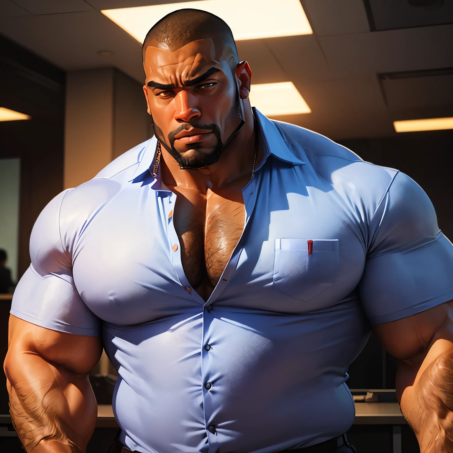 an exaggeratedly muscular and large bodyguard, beefy build, beard, dark-skinned african american male, buzzcut hair with square line, (confused expression: 1.2), (wearing business shirt: 1.2), (bara pecs: 1.3), beefy pecs, (arm and chest hair: 1.2), portrait HD, (fluorescent office building)