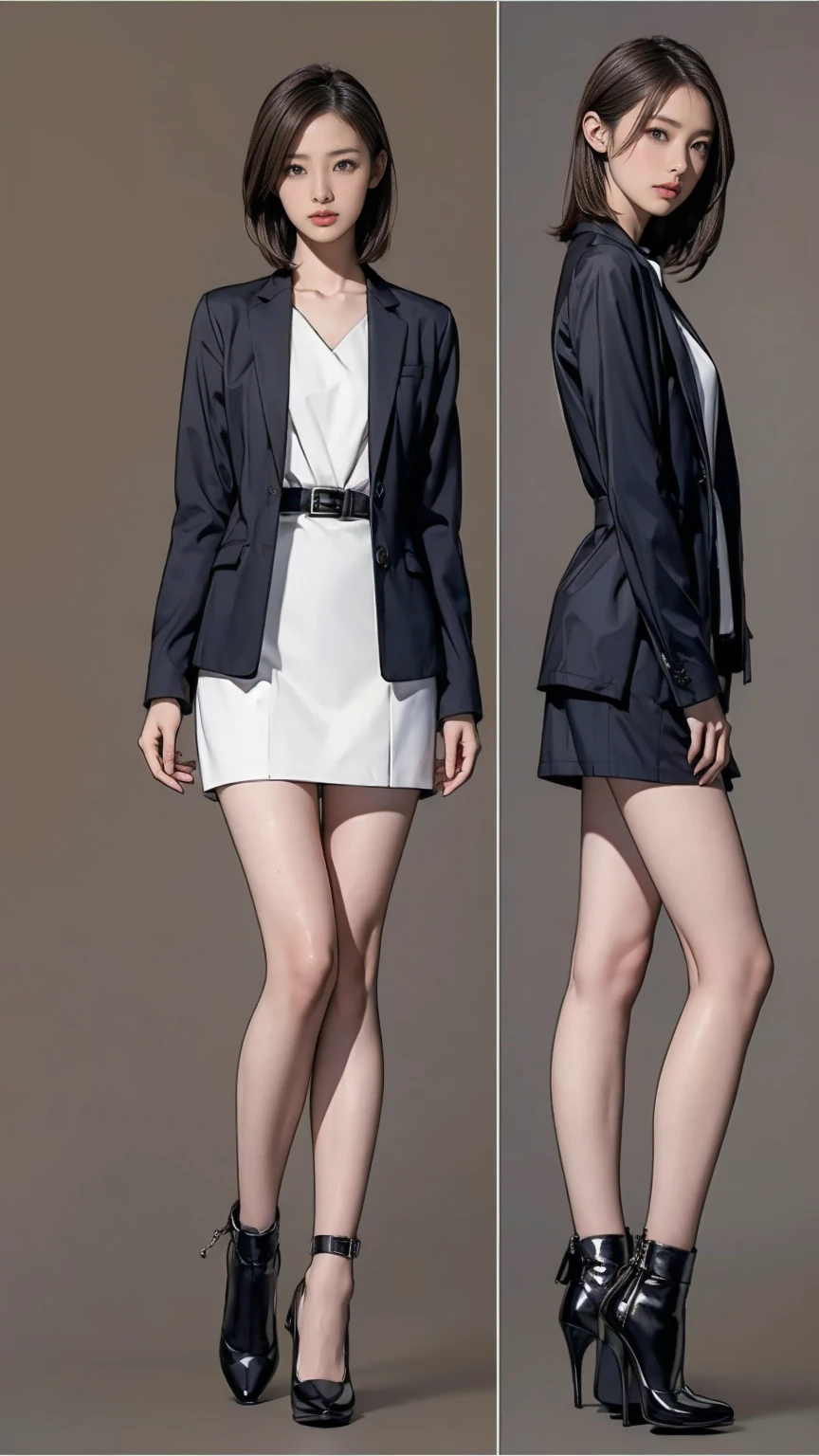((masterpiece)),(((Highest quality))),((Character design sheet)),Thin thighs,Long legs,Wearing a black jacket and white shirt、Japanese women leaving the nest，Emi with long black hair:1.3), (Light brown hair:1.3), high waist，Wearing high heels，background is gray，whole body