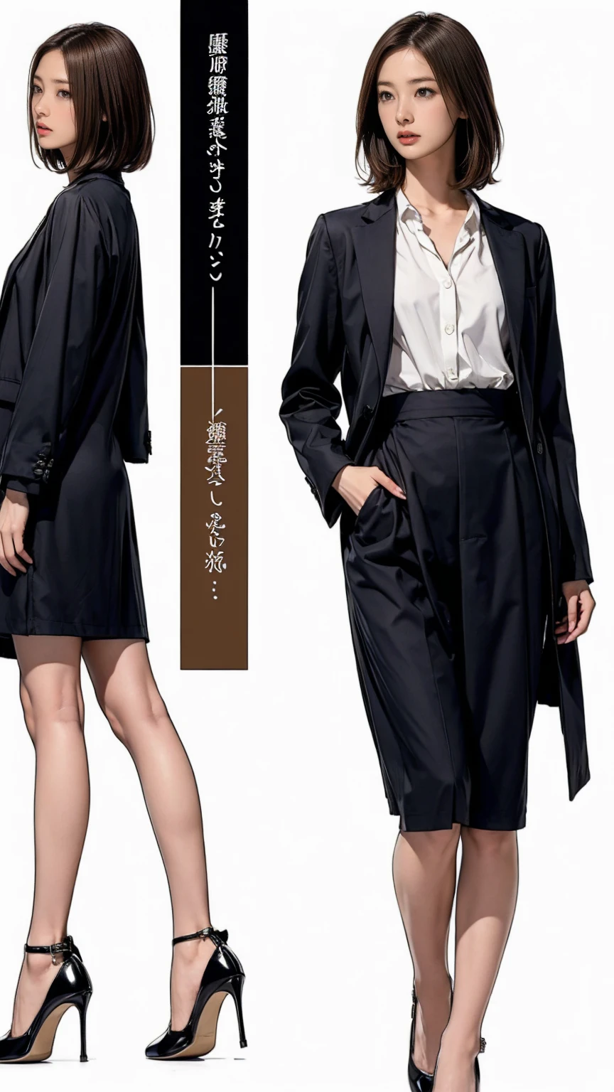 ((masterpiece)),(((Highest quality))),((Character design sheet)),Thin thighs,Long legs,Wearing a black jacket and white shirt、Japanese women leaving the nest,Emi with long black hair:1.3), (Light brown hair:1.3), high waist,Wearing high heels,background is gray,whole body