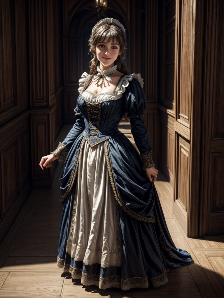 masterpiece, Highly detailed, super realistic, detailed background, bright Lighting, Daylight, beautiful face, beautiful eyes,
medieval style, 4k, 8k, 1girl, solo,
(Victorian maid),
(full body:1.5),(dynamic angle),(standing),
(dynamic pose),(happy),
(looking away:1.5),
(smile),