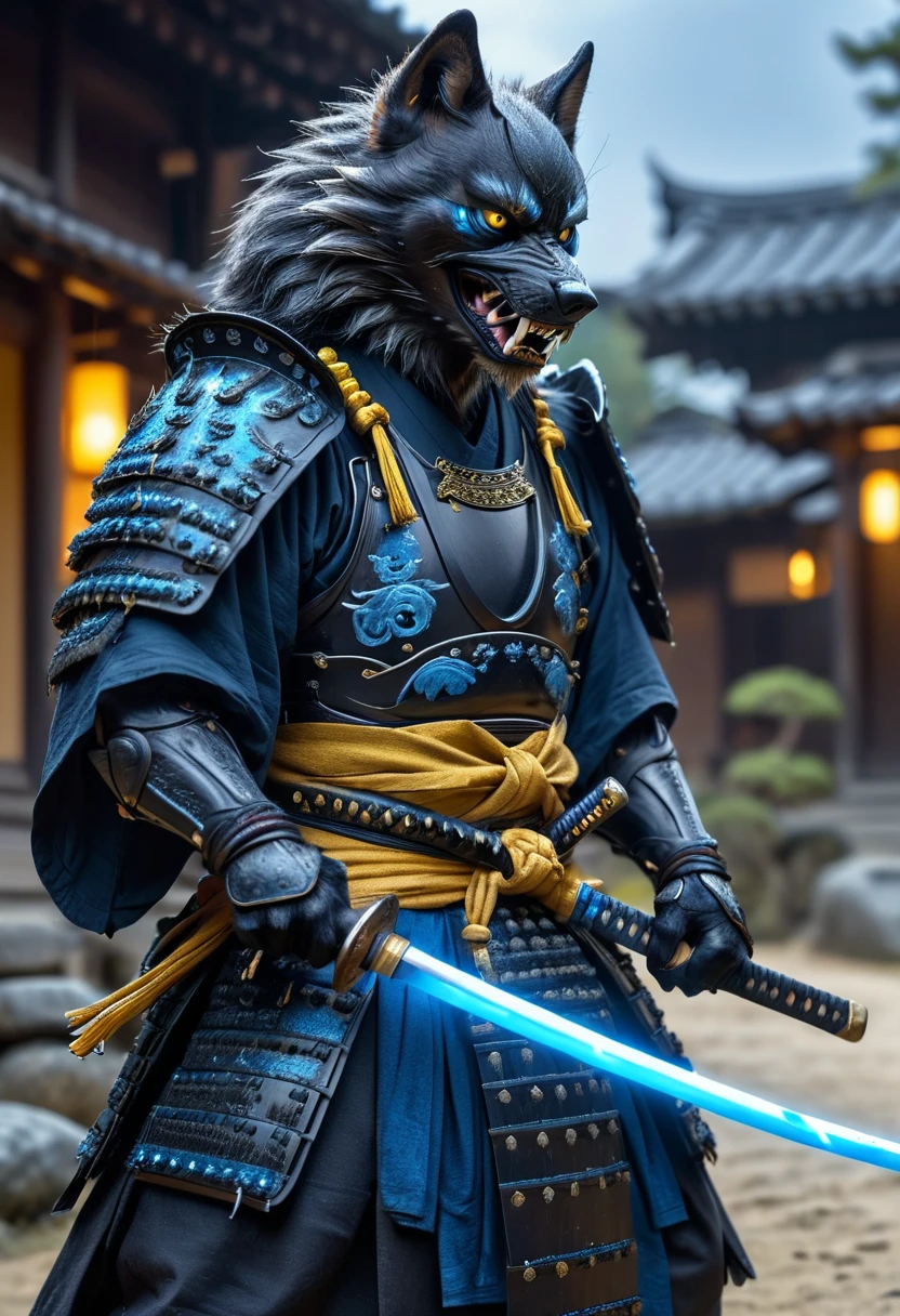 action photo, realistic digital photo, Angry anthropomorphic black wolf samurai pulls out a glowing magic katana from the sheath, black with green wooden armor, Samurai Pearls, brown daemon samurai mask, standing in an ancient Japanese village, ultra HD, 8K, insane details, 